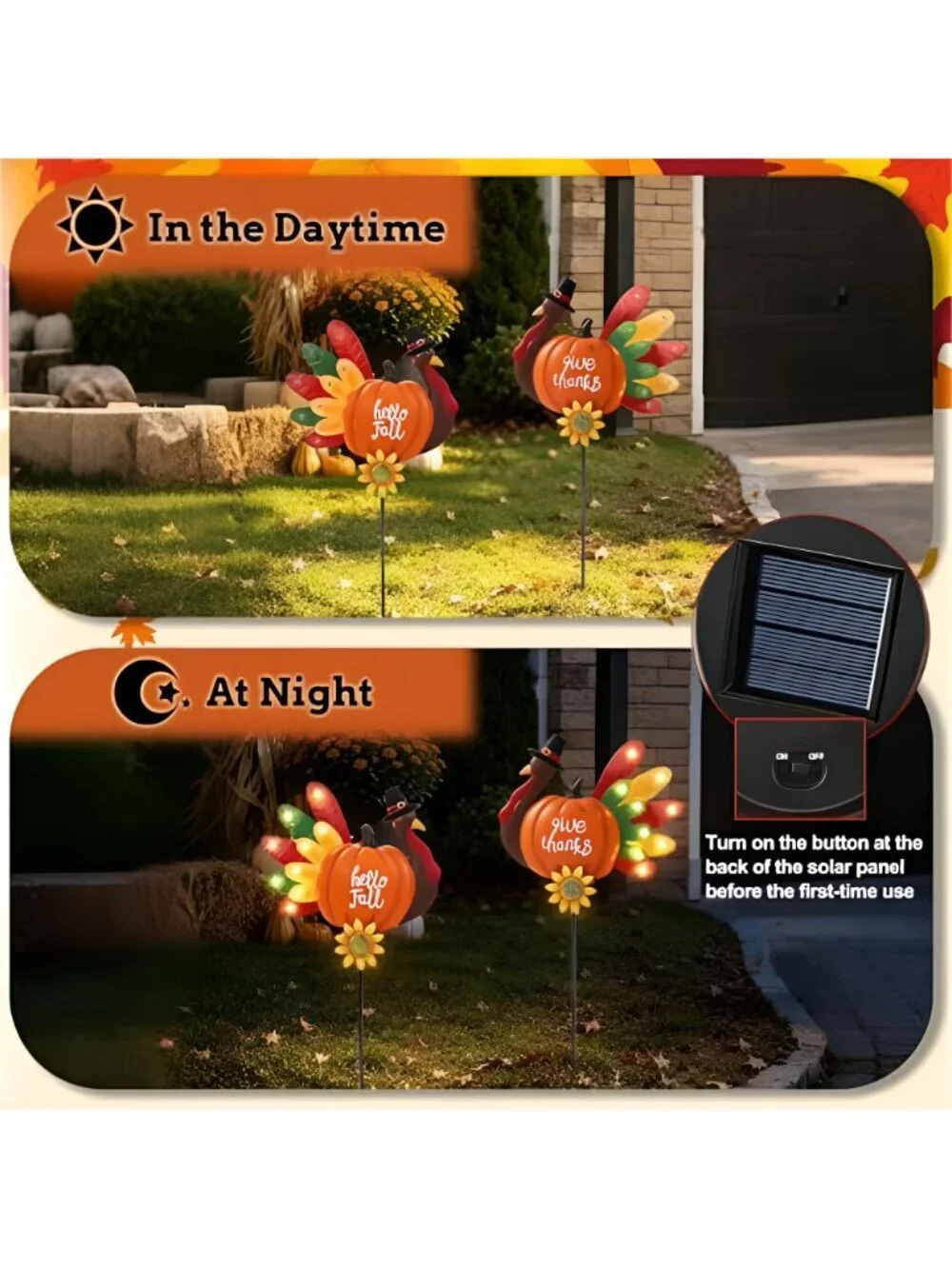 Solar Thanksgiving Turkey Yard Stakes, Metal Fall Outdoor Decor